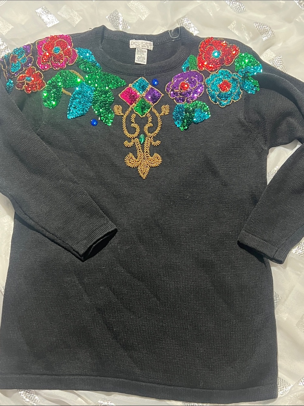 Vintage 1992 Petites by SML Sequin Beaded Floral Sweater Small Black 90s